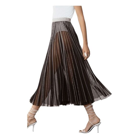 GSTQ Sun Pleated Mesh Pull-On Midi Skirt Black Semi-Sheer M - Picture 1 of 10